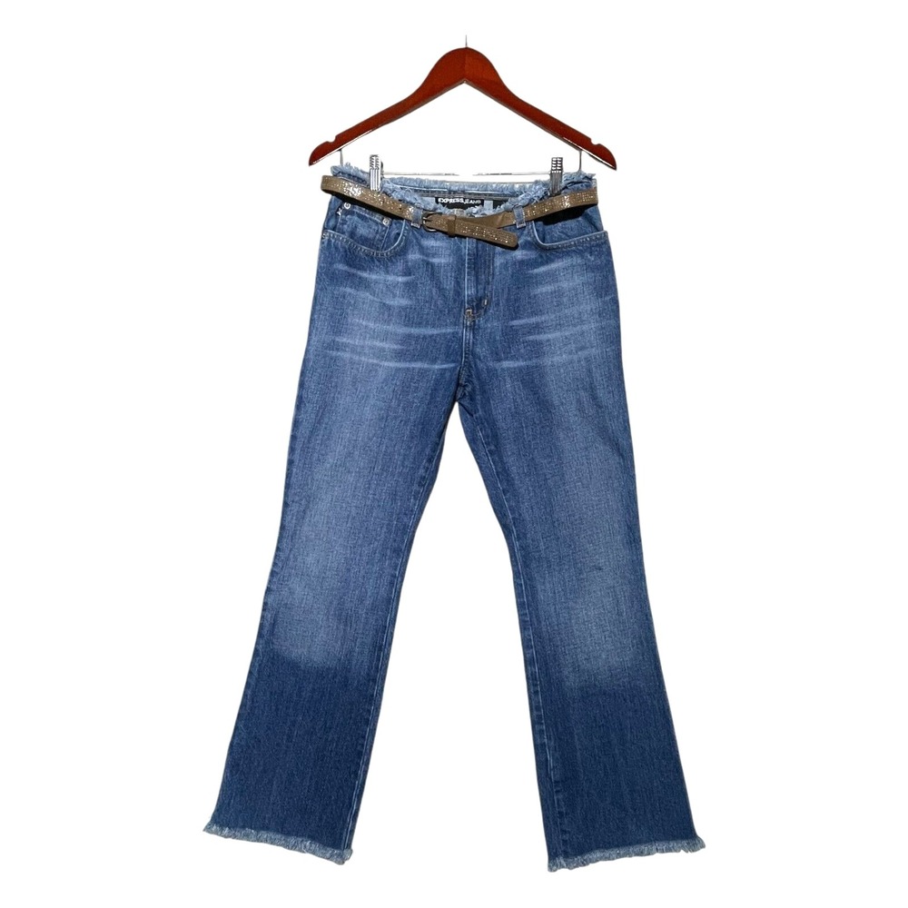 Vtg EXPRESS Jeans Jr Sz 5/6R 30Wx30L Straight Fringe/Raw‎ Hem Y2K Western Boho